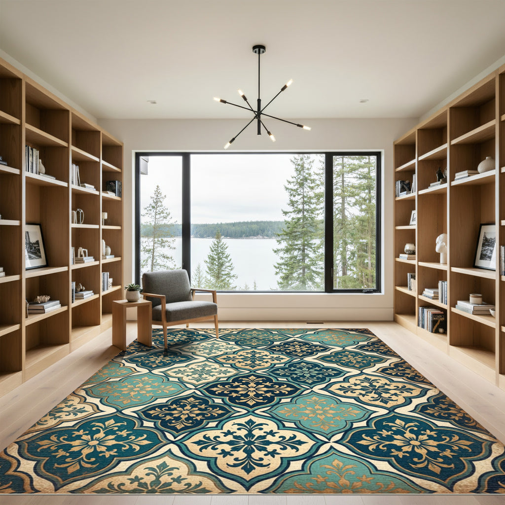 Teal and Gold Damask Quatrefoil Rug