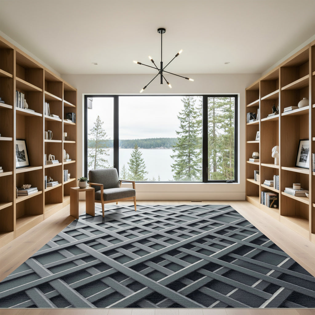 Modern Silver Intersecting Grid Lattice Rug