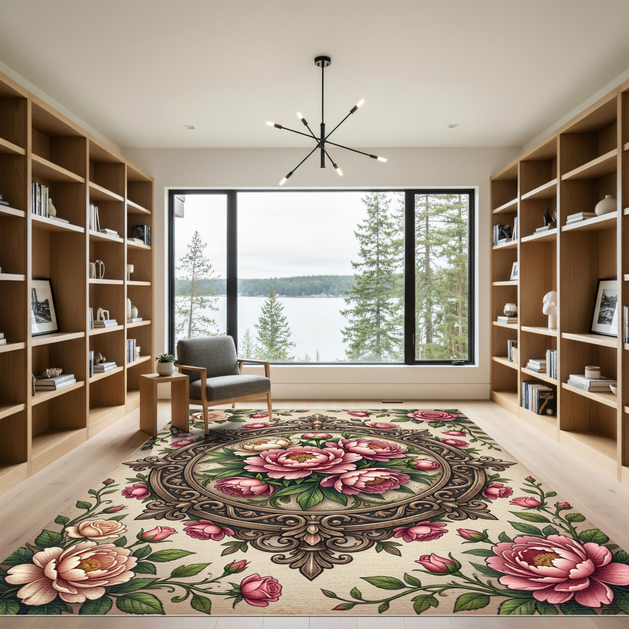 Elegant Vintage Pink Peony Medallion Rug