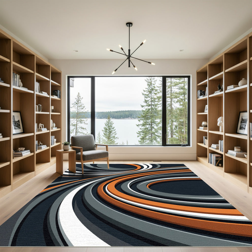 Modern Abstract Orange and Gray Swirls Rug