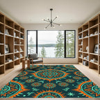 Vibrant Orange Turquoise Sunburst Medallion Rug
