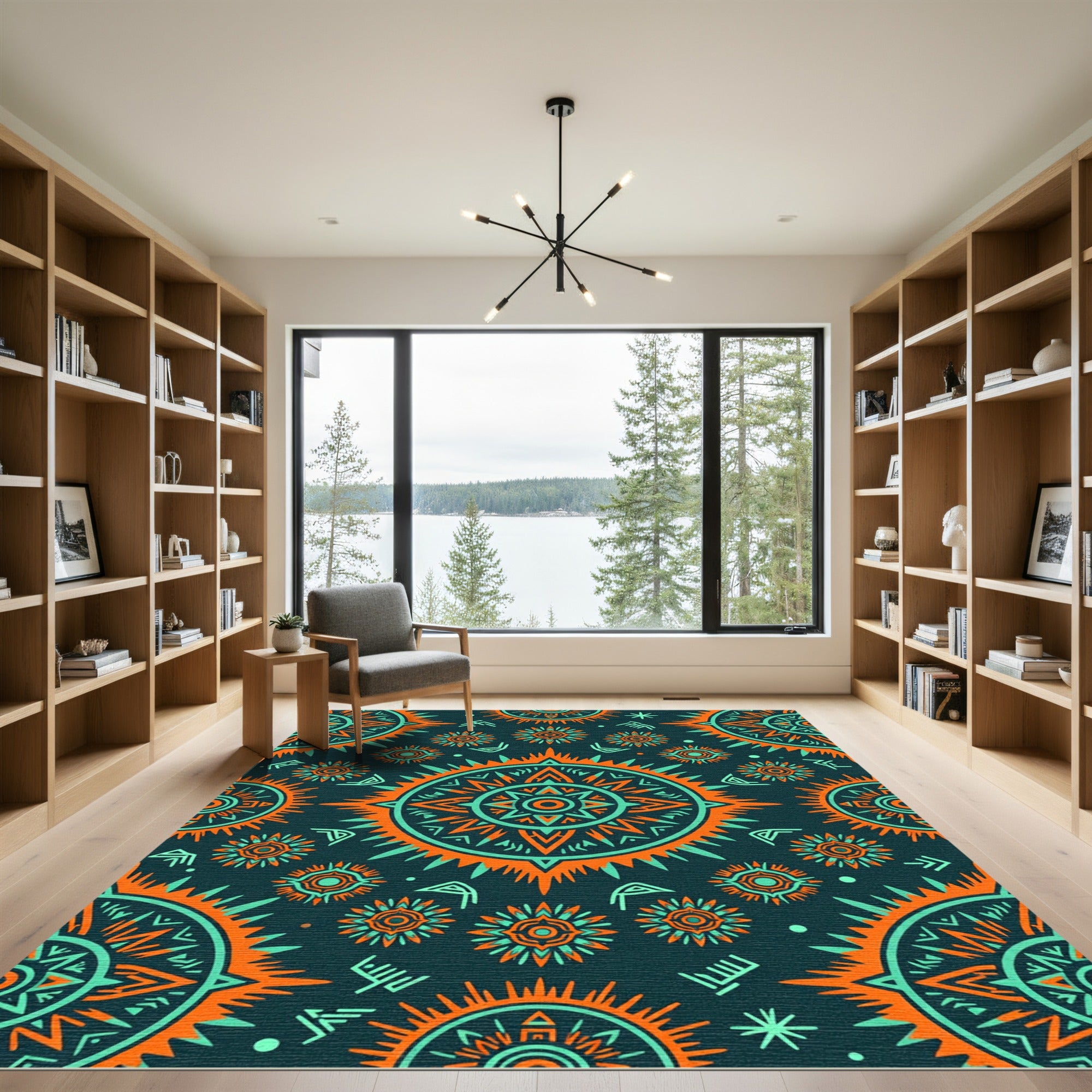 Vibrant Orange Turquoise Sunburst Medallion Rug