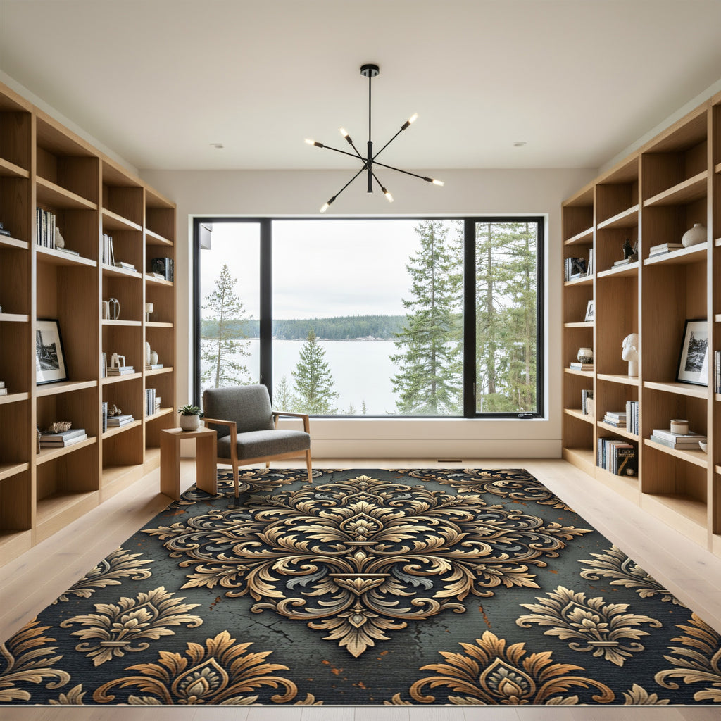 Ornate Golden Damask Charcoal Scroll Rug