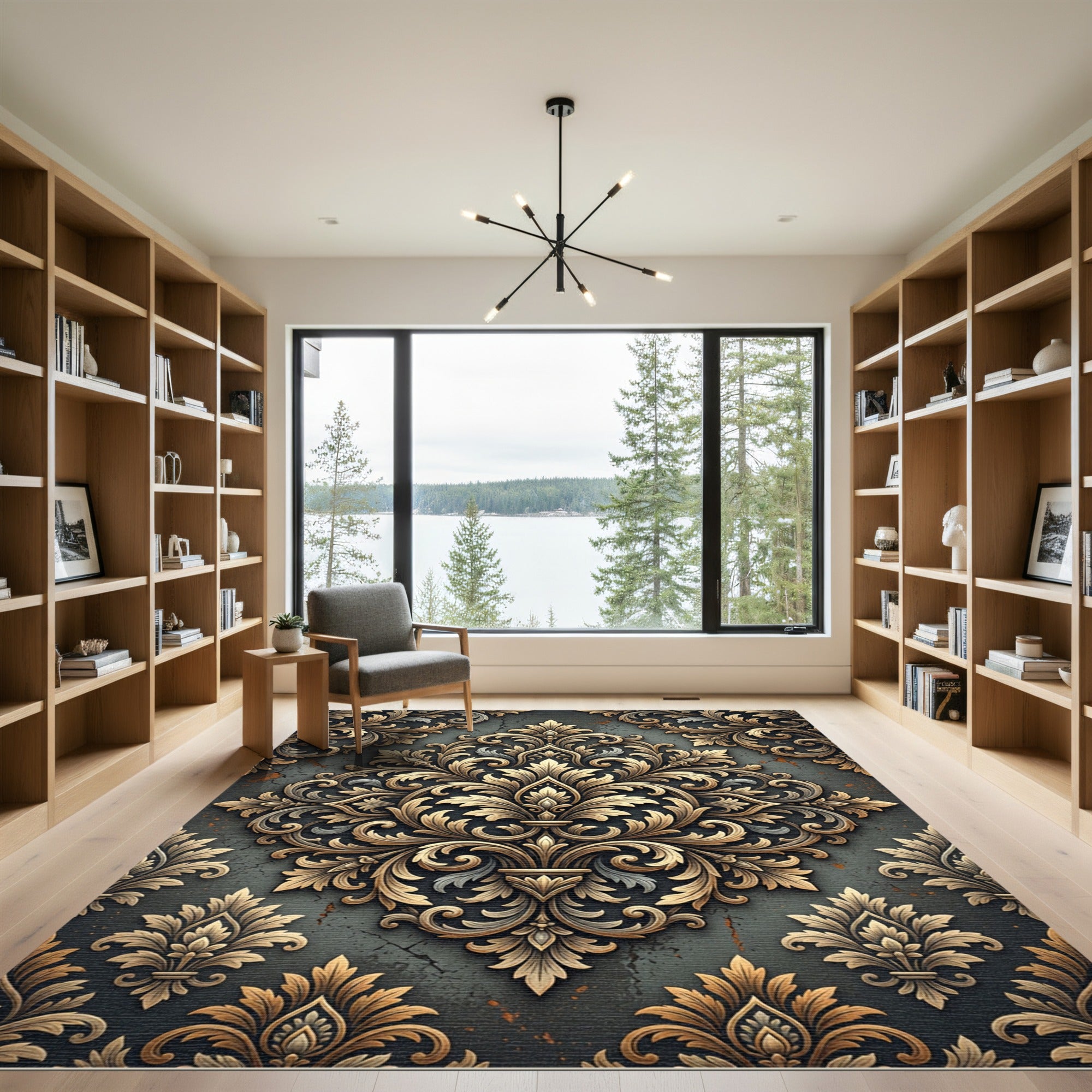 Ornate Golden Damask Charcoal Scroll Rug