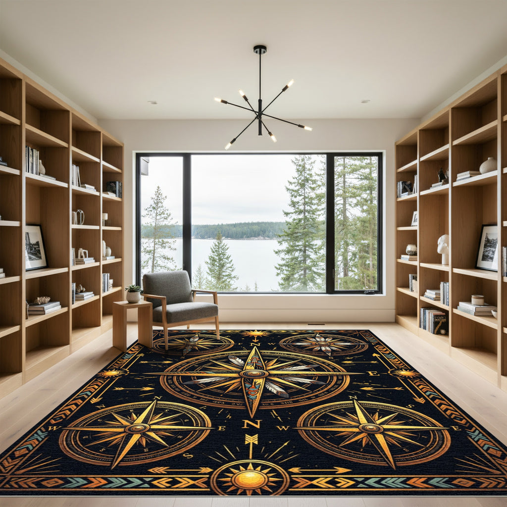 Golden Celestial Compass Boho Art Rug