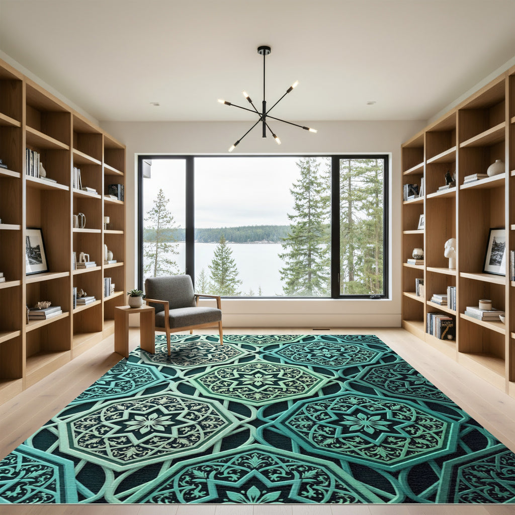 Teal Emerald Octagonal Geometric Lattice Rug