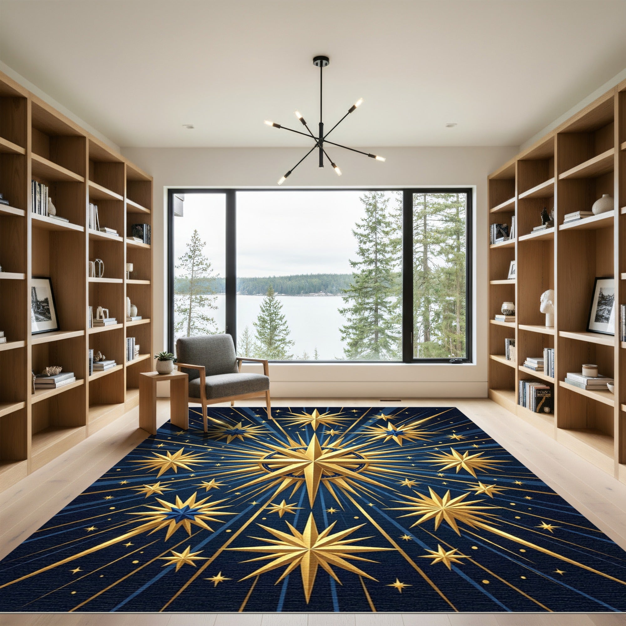 Golden Celestial Starburst Navy Rug