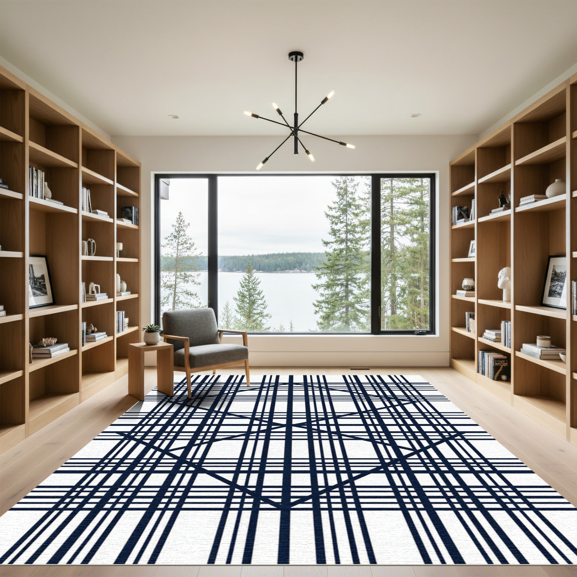 Deep Blue Intersecting Grid Diamond Rug