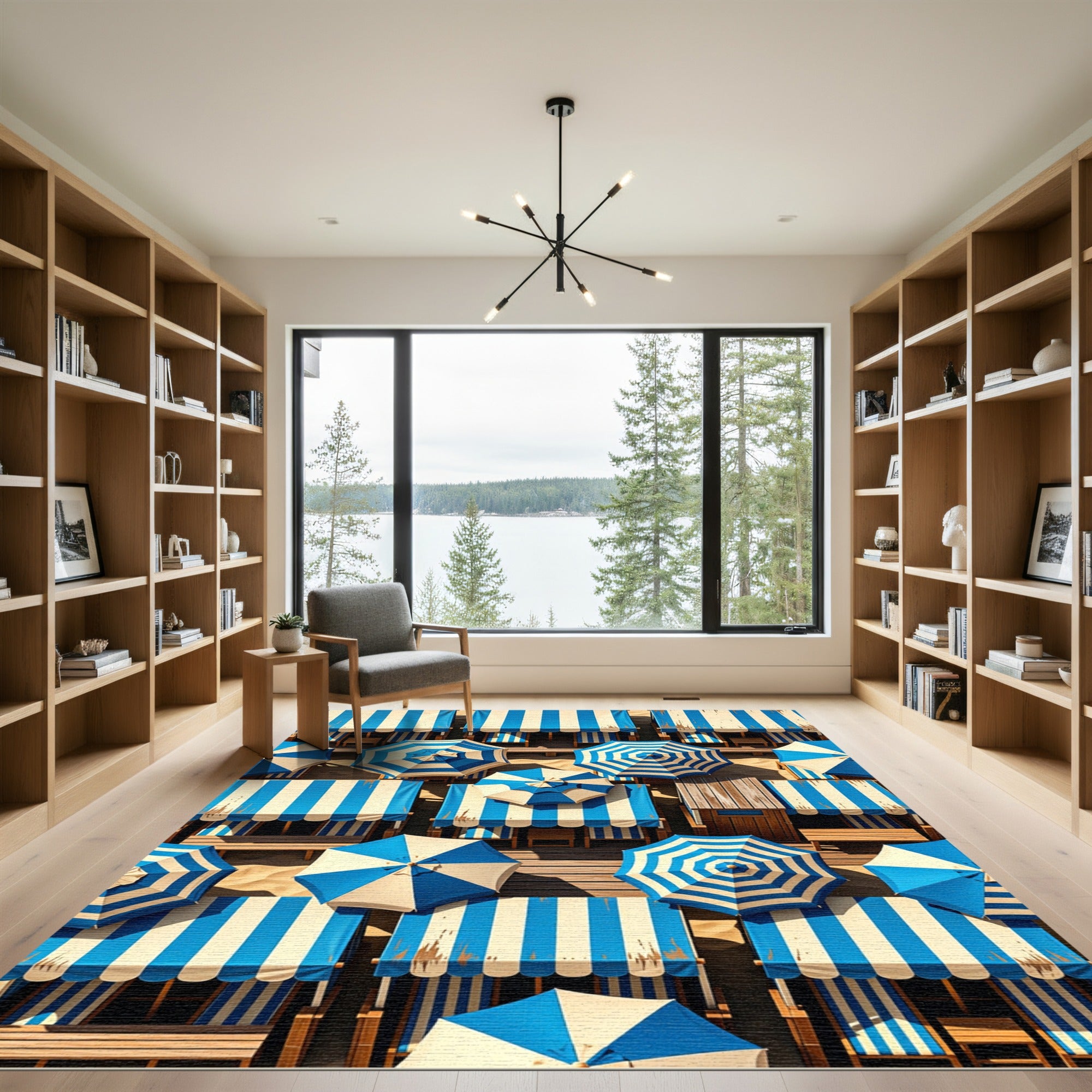 Coastal Blue White Striped Parasol Collage Rug