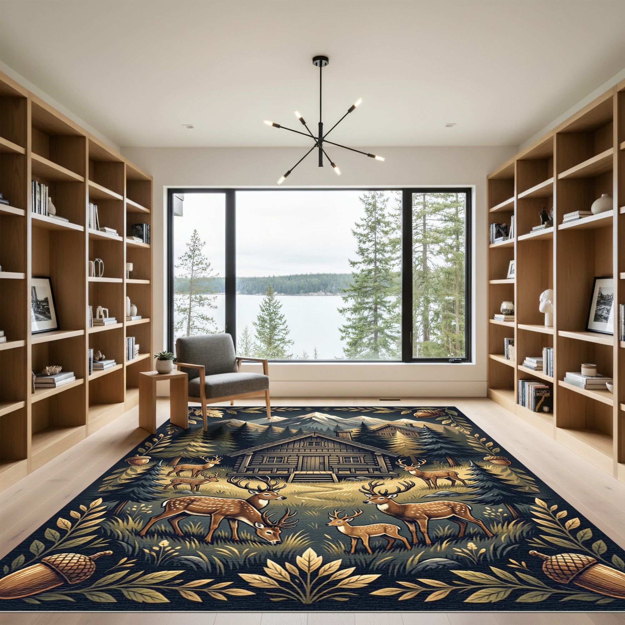 Rustic Mountain Woodland Deer Scene Rug