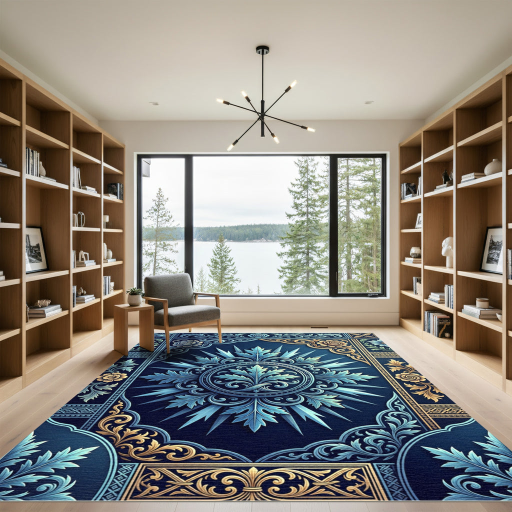 Ornate Blue and Gold Floral Medallion Rug