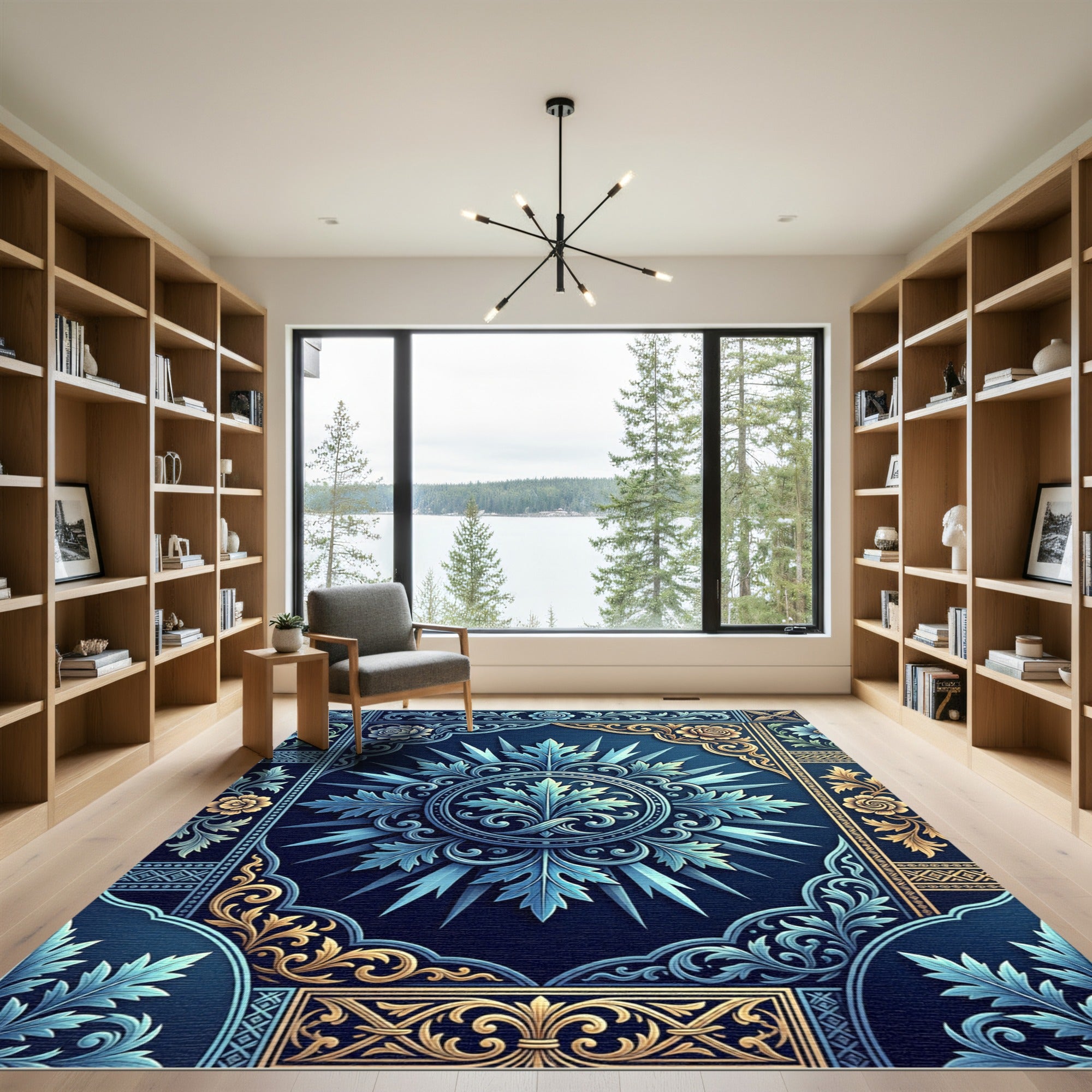 Ornate Blue and Gold Floral Medallion Rug