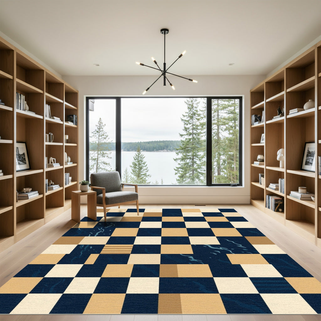Abstract Navy and Sand Geometric Mosaic Rug