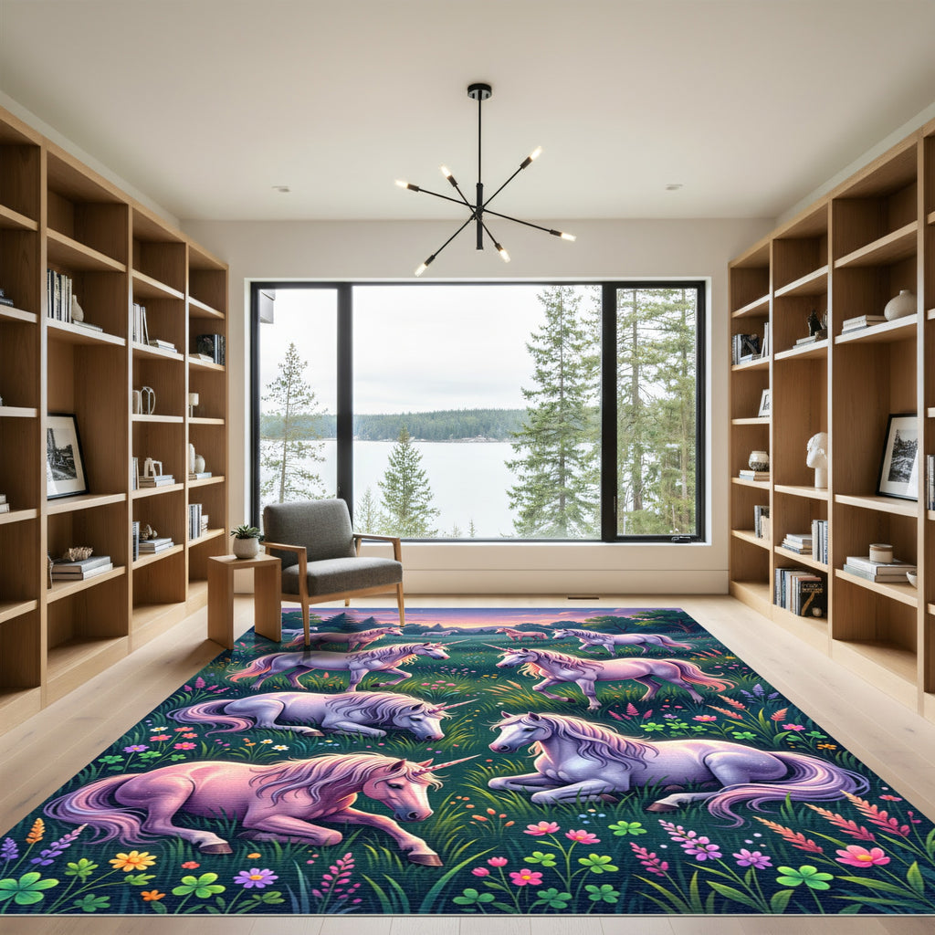Whimsical Pastel Unicorn Flower Meadow Rug