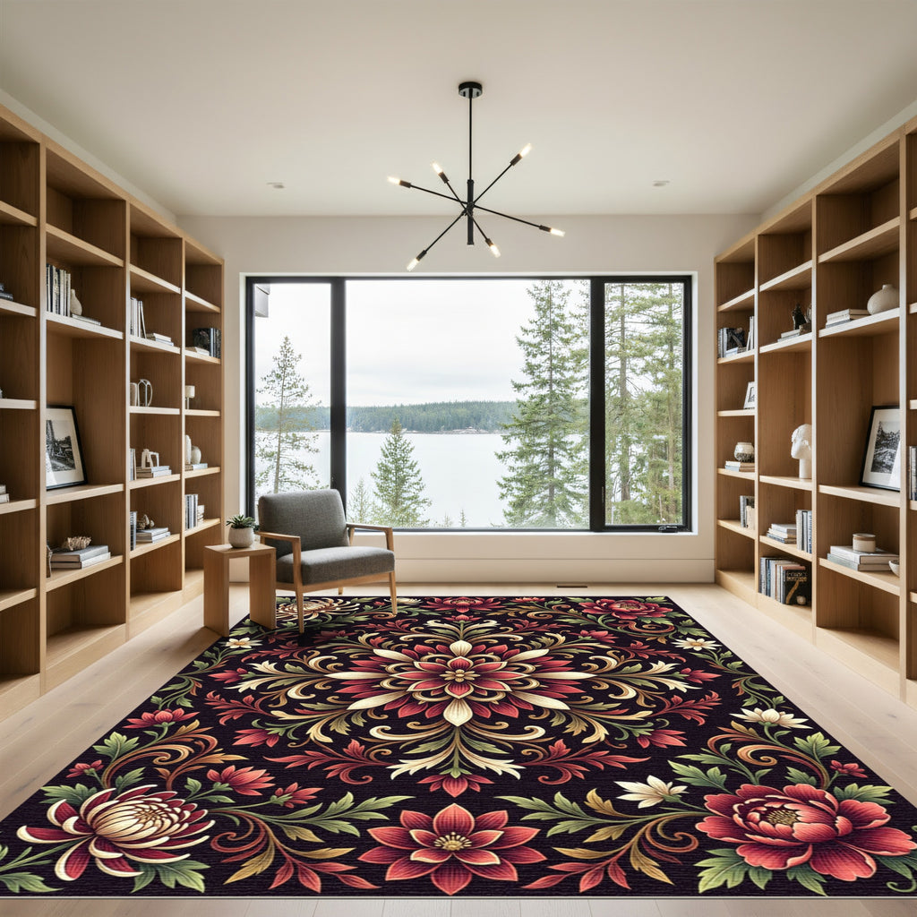 Dark Floral Medallion with Crimson Blossoms Rug