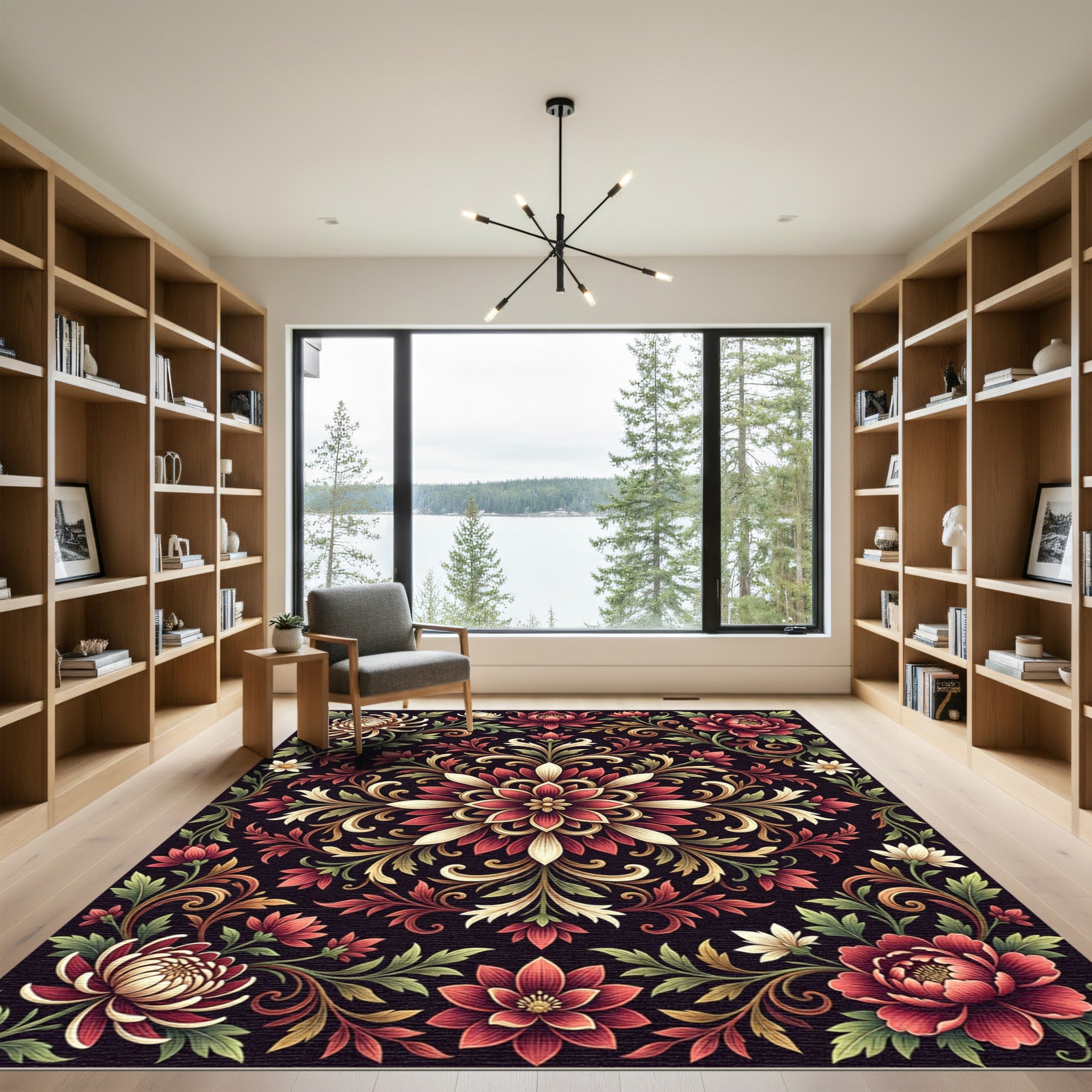 Dark Floral Medallion with Crimson Blossoms Rug