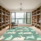 Sage Green Cream Whimsical Jumping Rabbit Rug