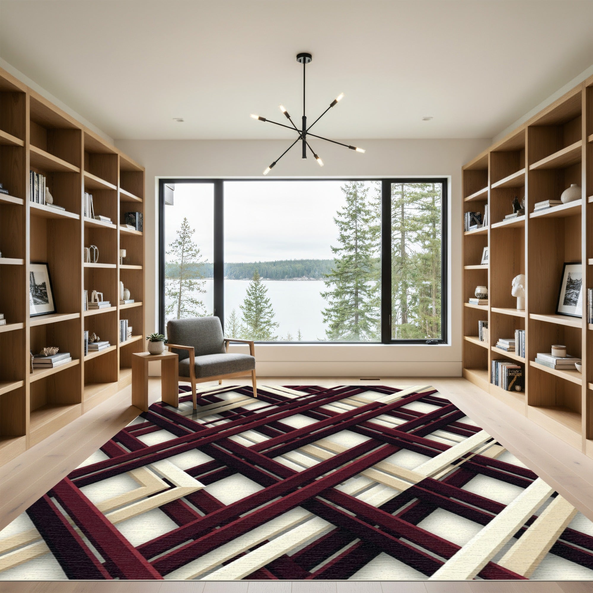 Crimson Beige Intersecting Lines Rug