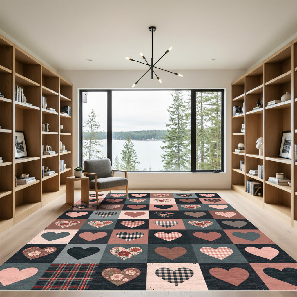 Burgundy Floral Heart Patchwork Rug