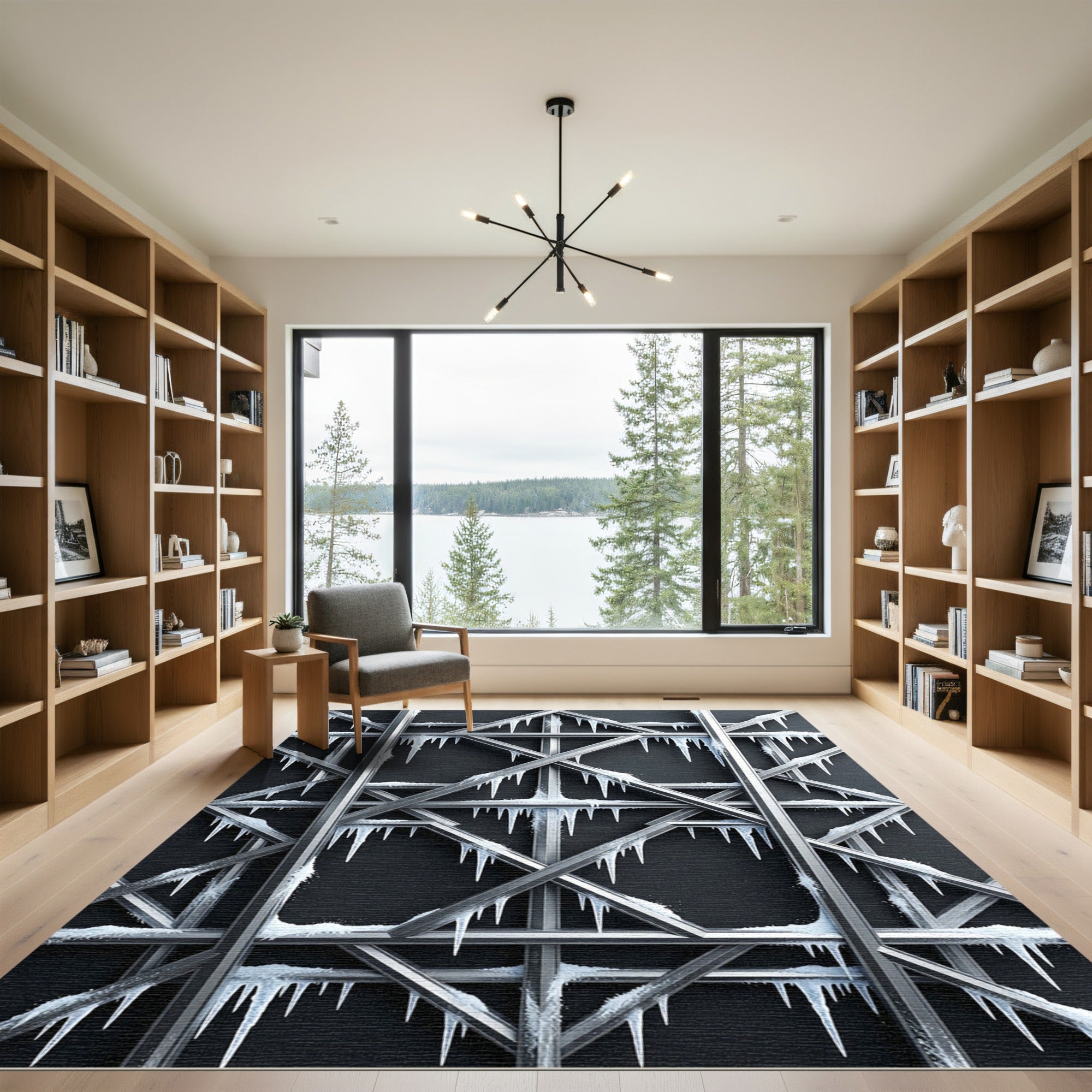 Metallic Ice Silver Geometric Grid Rug