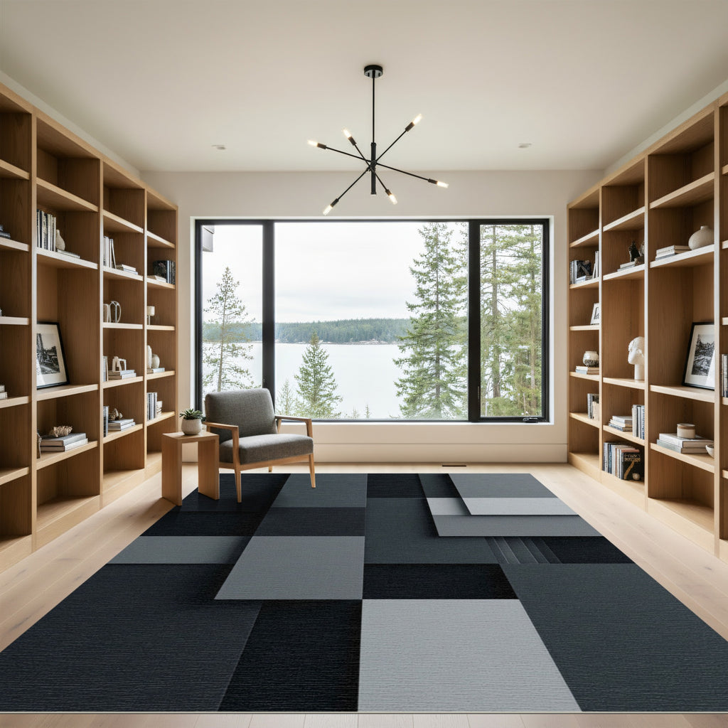 Modern Slate Gray Geometric Squares Rug