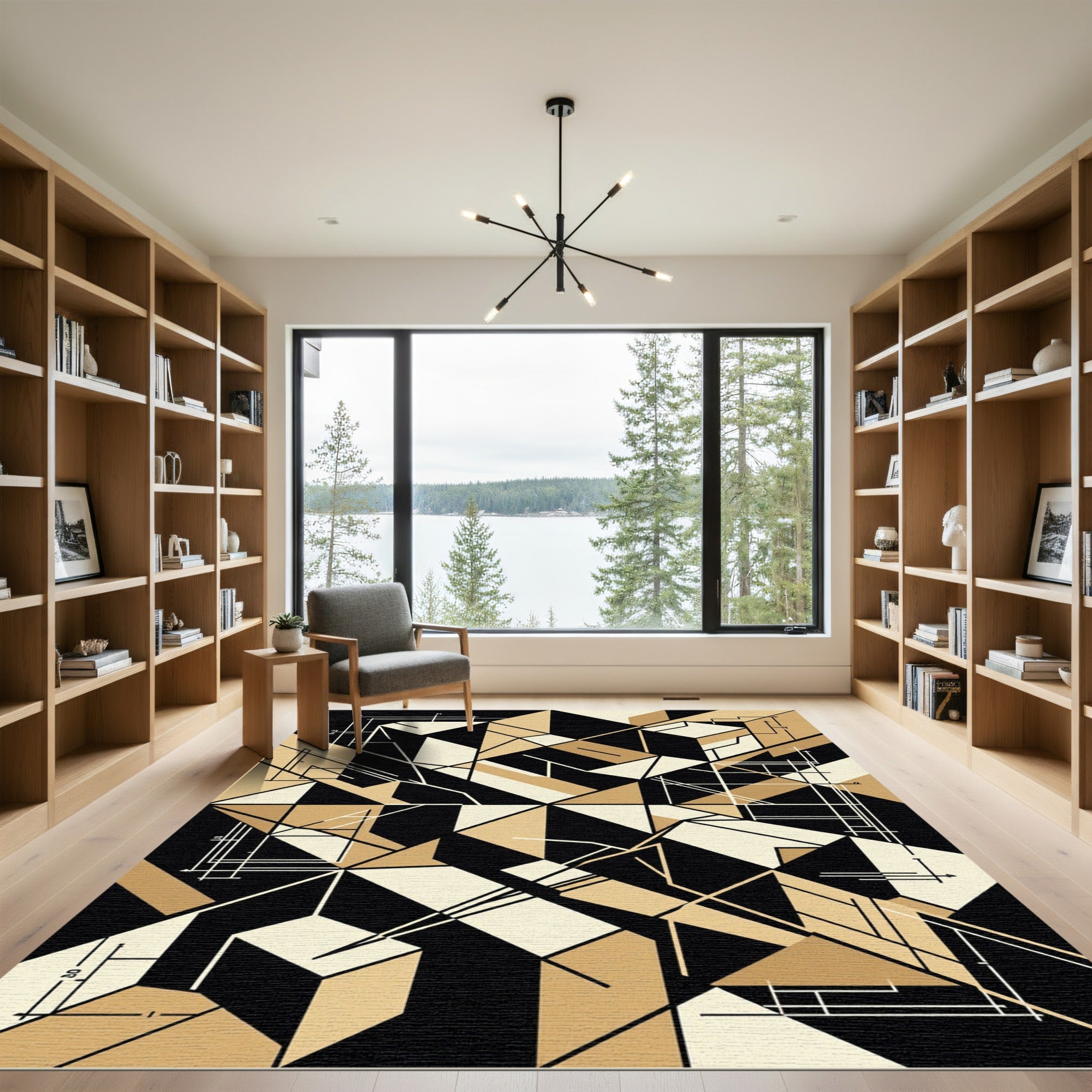 Black and Beige Abstract Geometric Architectural Rug