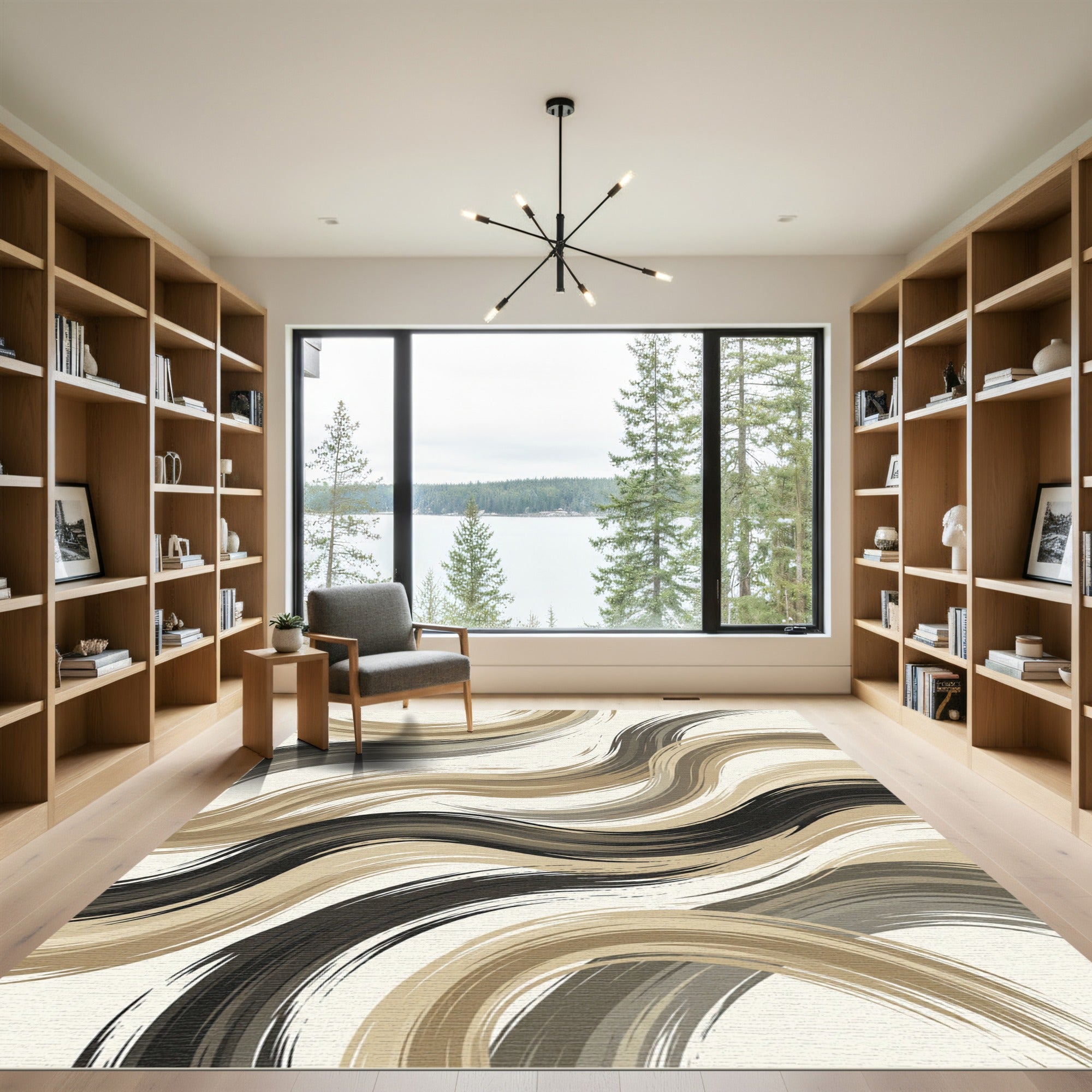 Modern Neutral Wavy Earth Tone Swirl Rug