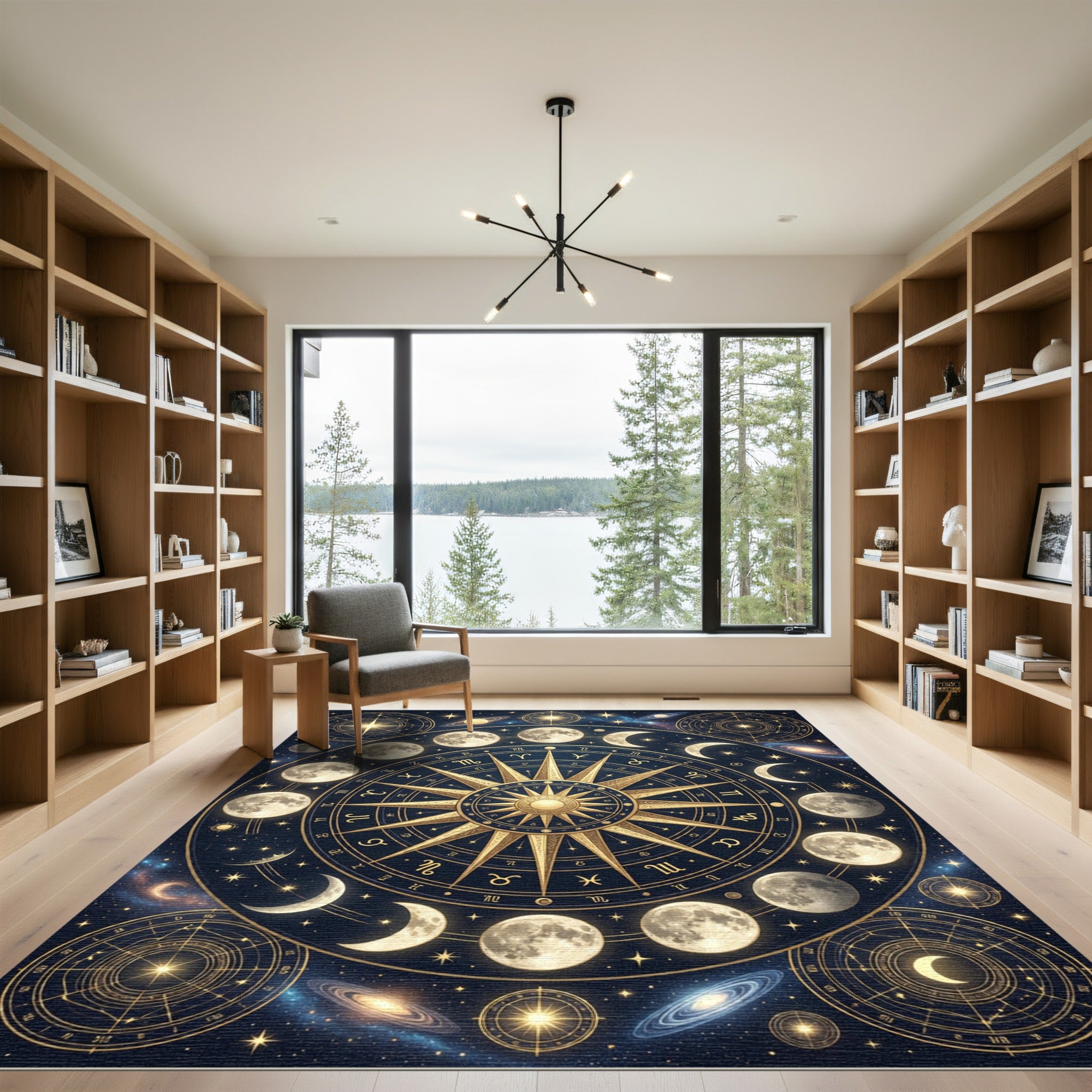 Celestial Golden Lunar Zodiac Compass Rug