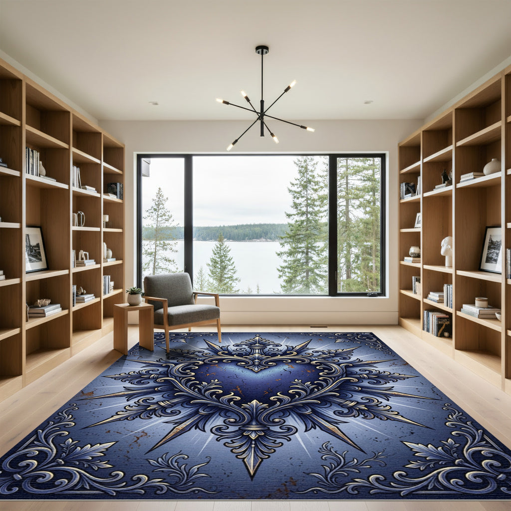 Ornate Gothic Blue Heart Filigree Rug