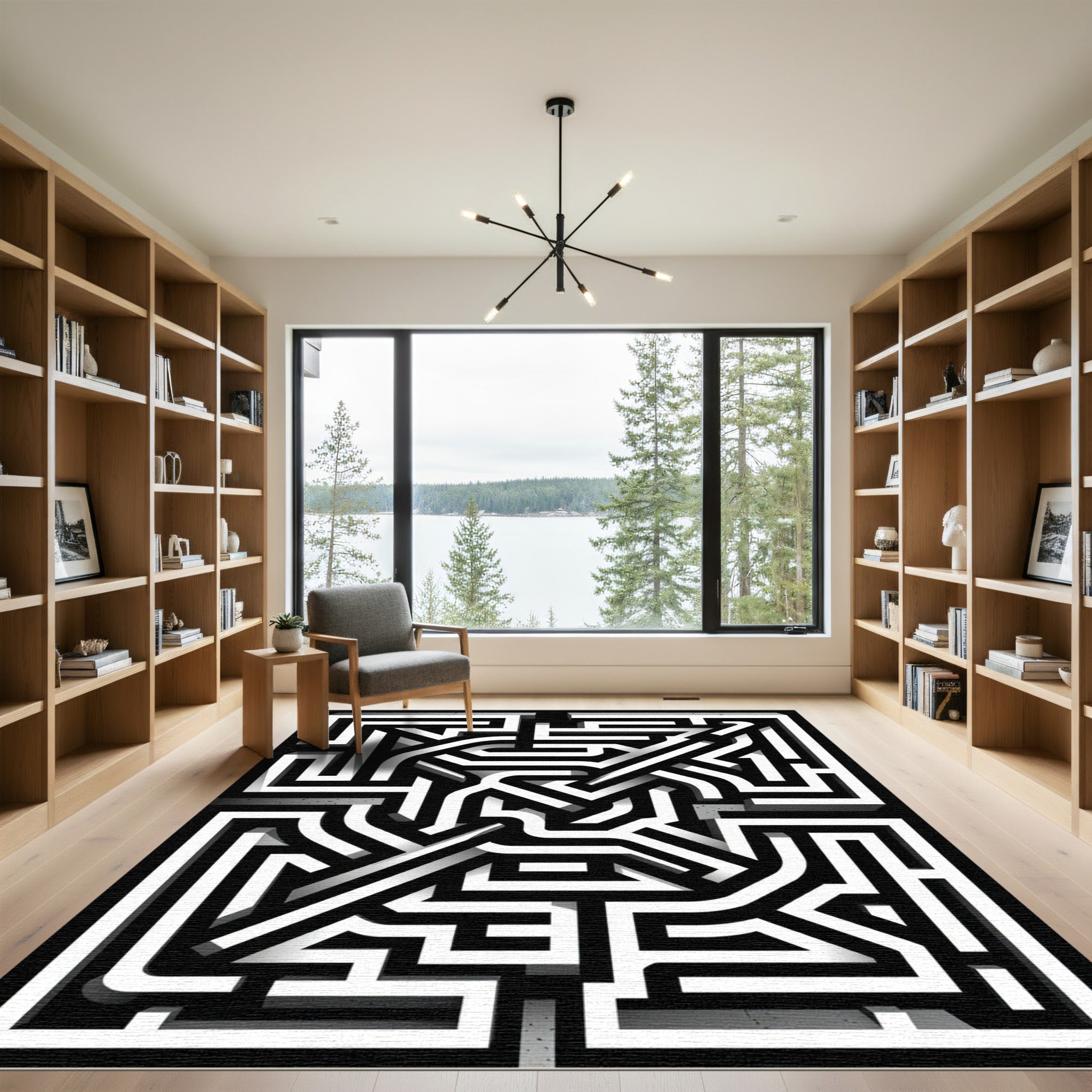 Monochrome Striped Maze Composition Rug
