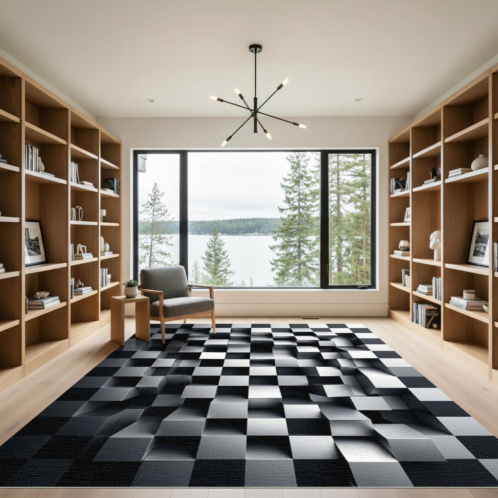 Monochromatic 3D Metallic Cubic Illusion Rug