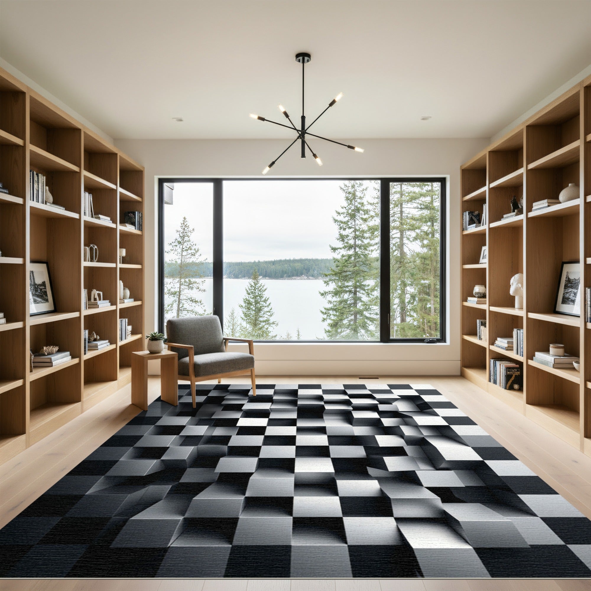 Monochromatic 3D Metallic Cubic Illusion Rug