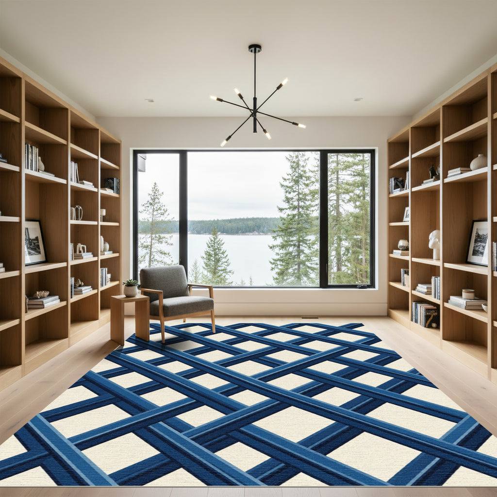 Navy Blue Trellis Grid Rug