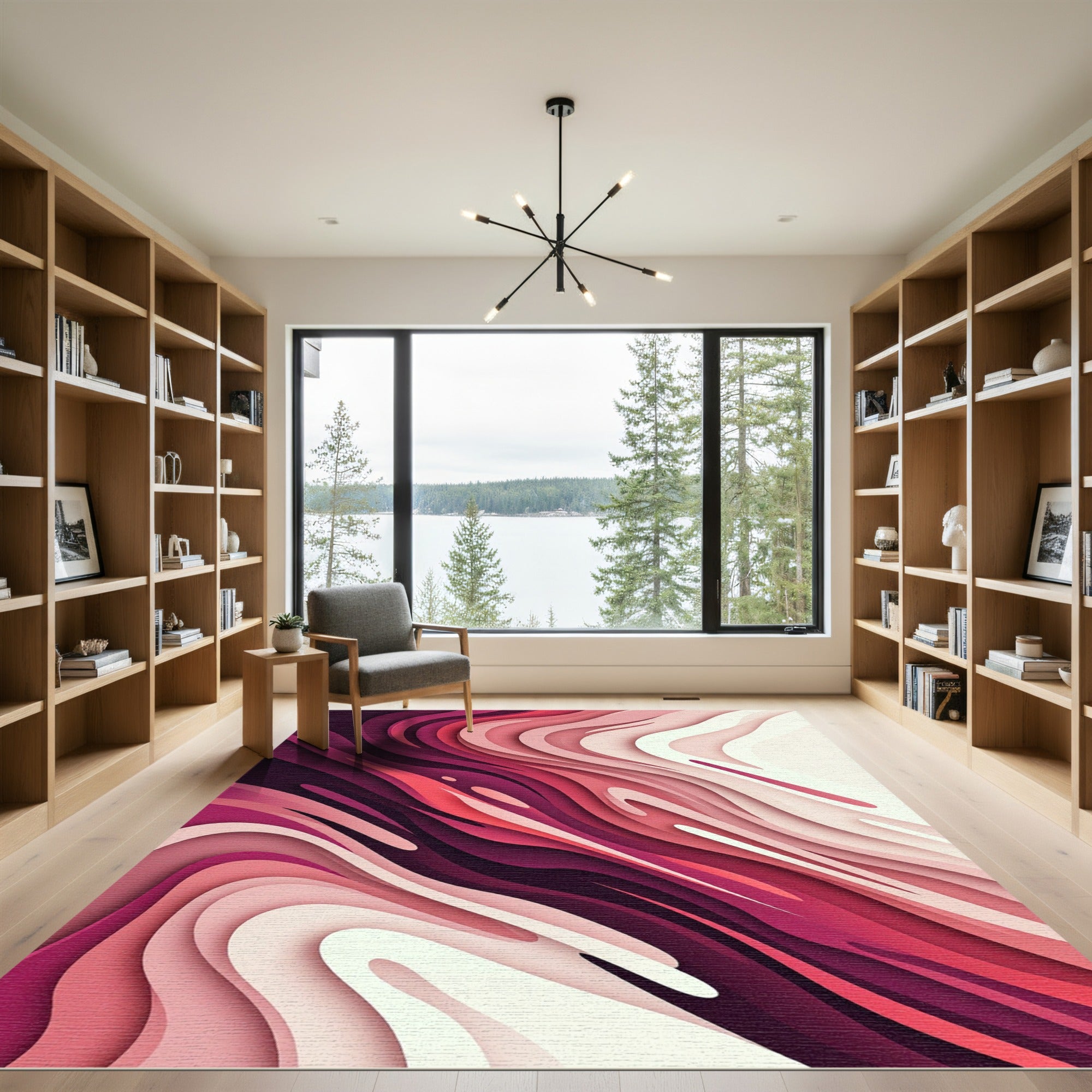 Modern Crimson Abstract Layered Flow Rug
