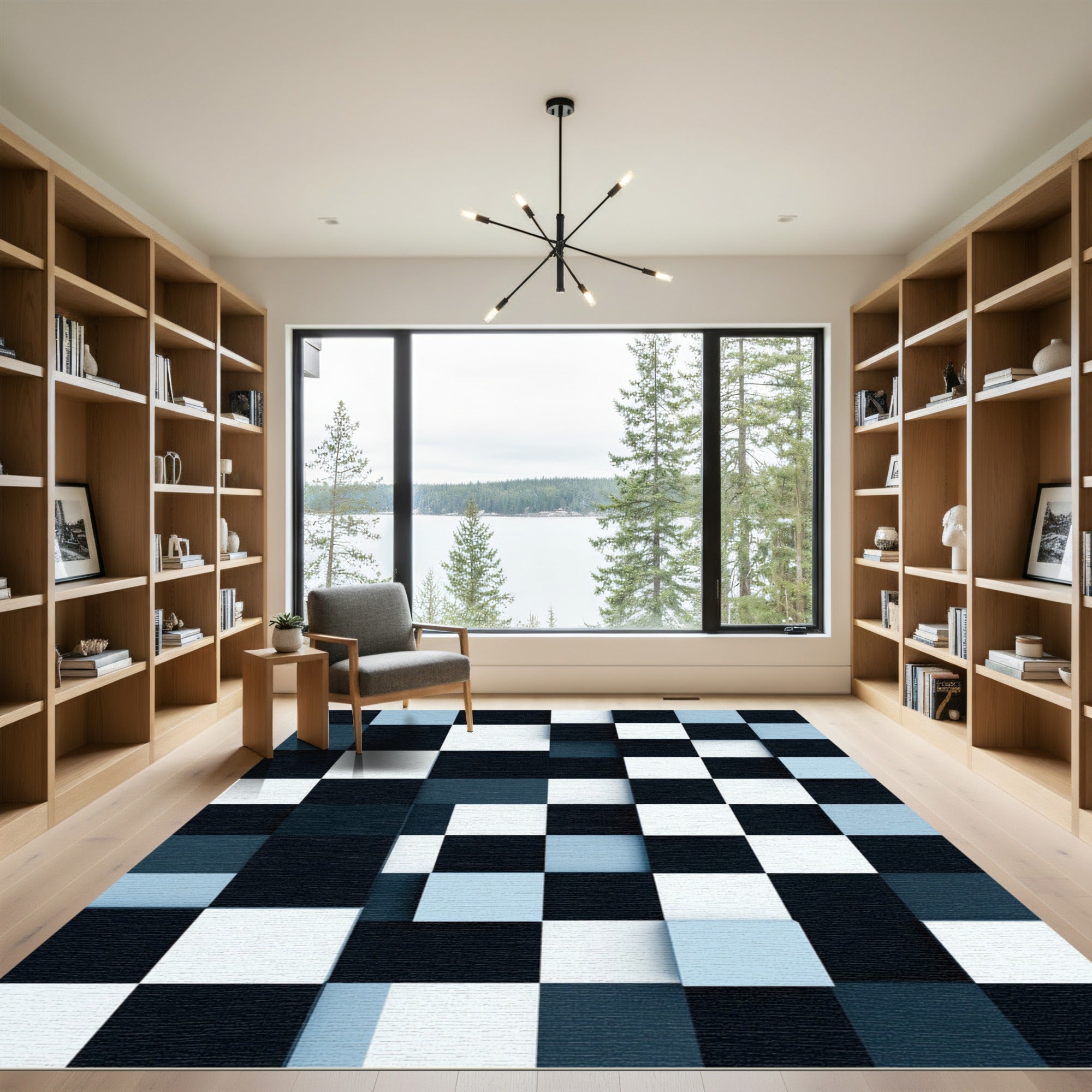 Modern Blue and White Geometric Squares Rug