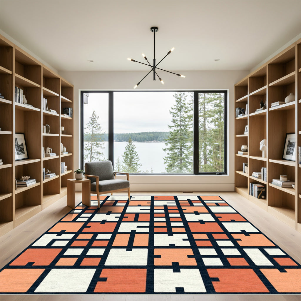 Abstract Orange Cream Geometric Grid Rug