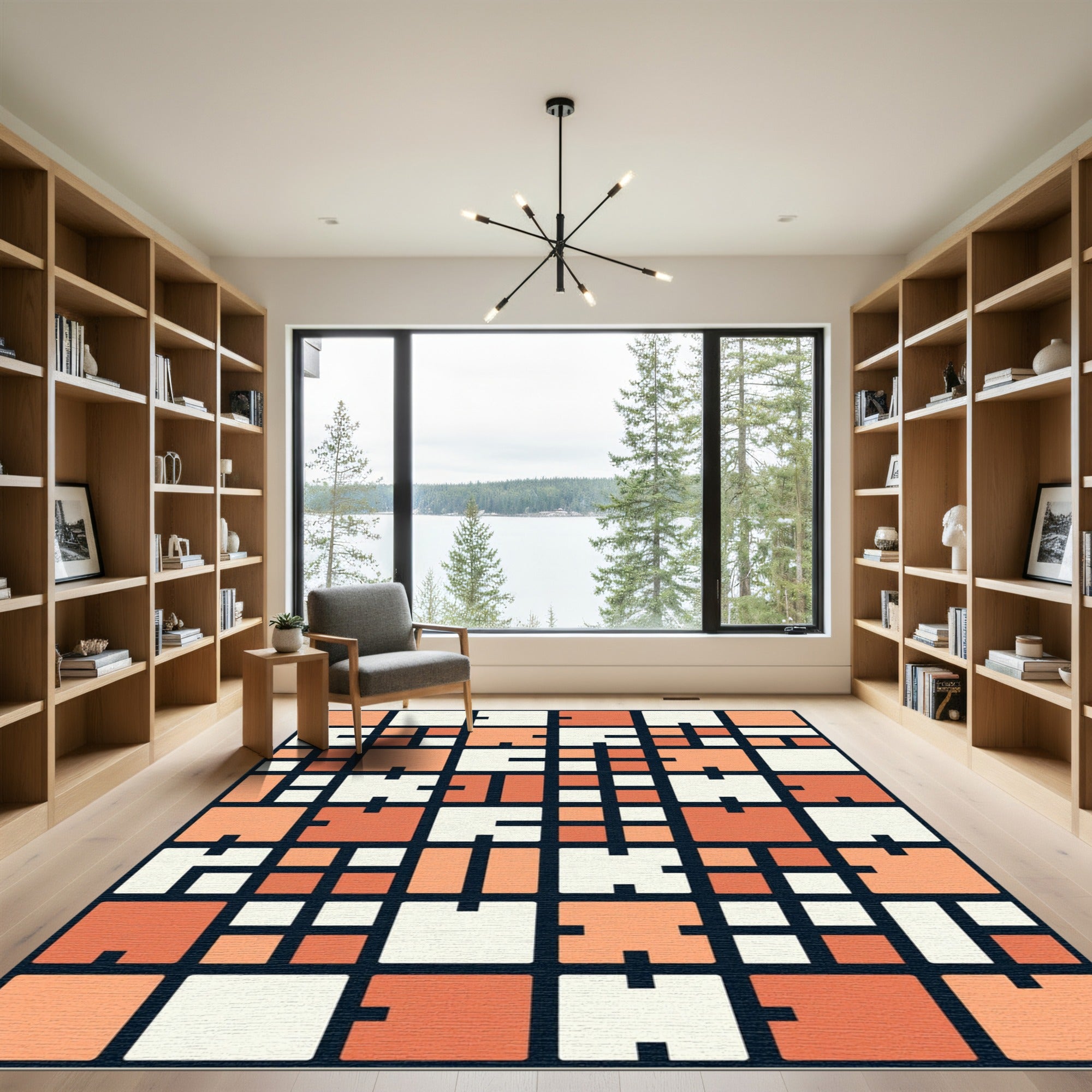 Abstract Orange Cream Geometric Grid Rug