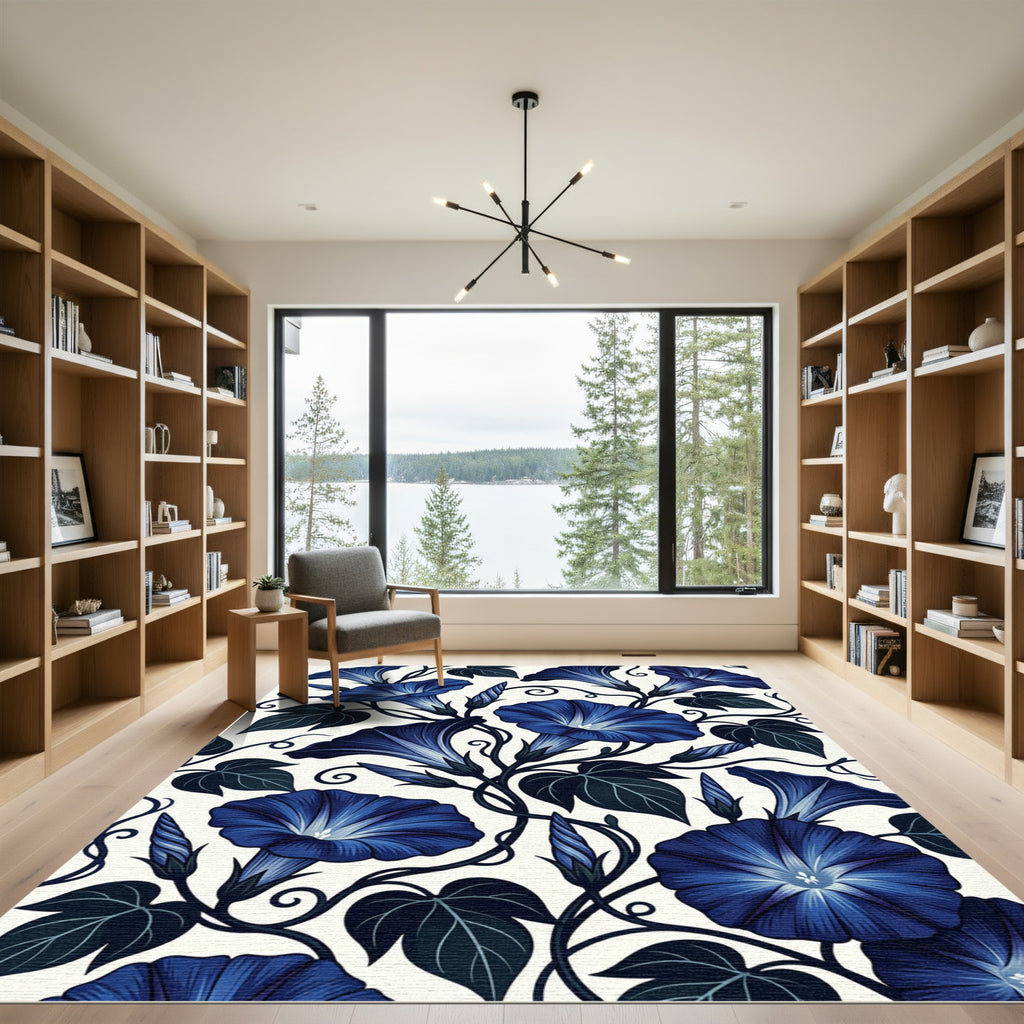 Navy Blue Morning Glory Floral Vine Rug