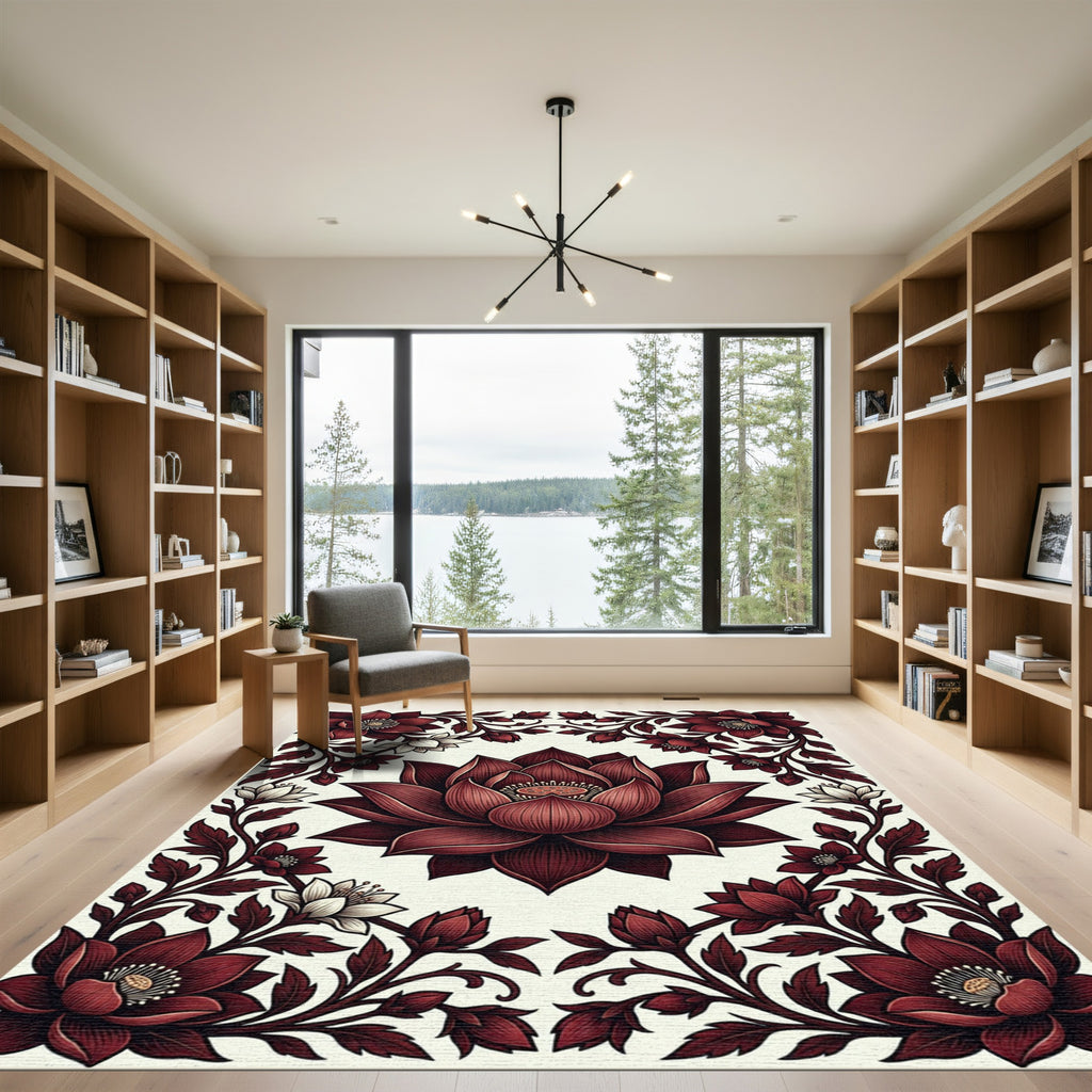 Deep Crimson Lotus Floral Scroll Rug