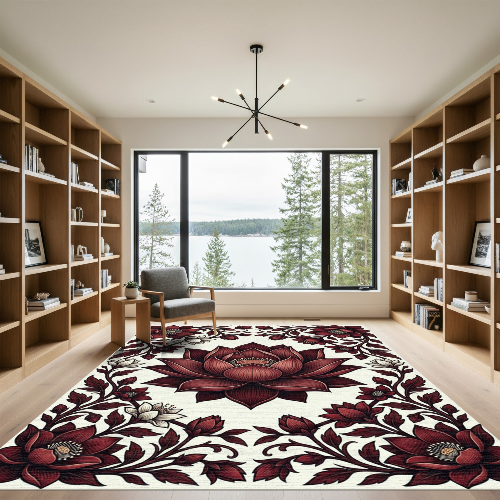 Deep Crimson Lotus Floral Scroll Rug