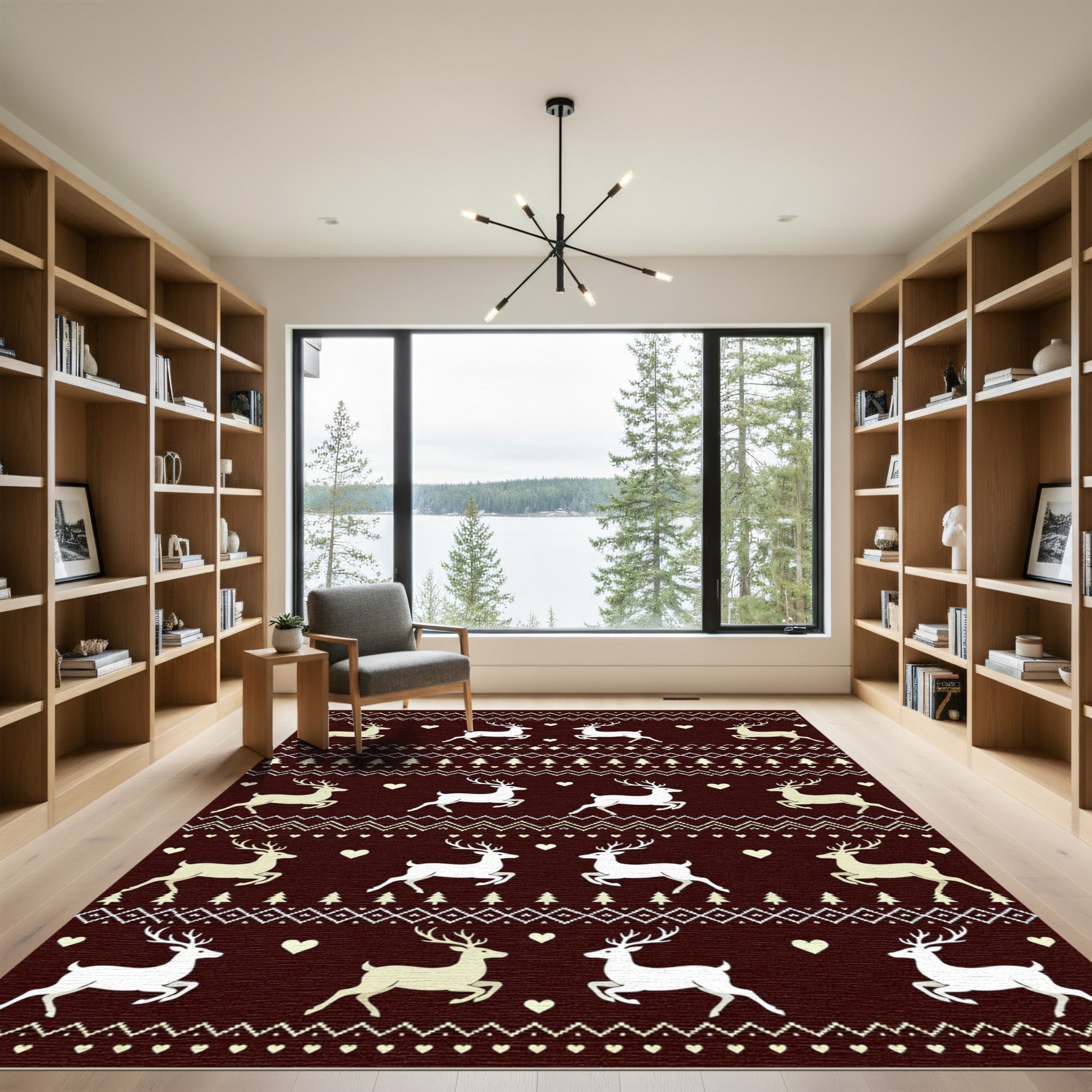 Brown Reindeer Hearts Festive Border Rug