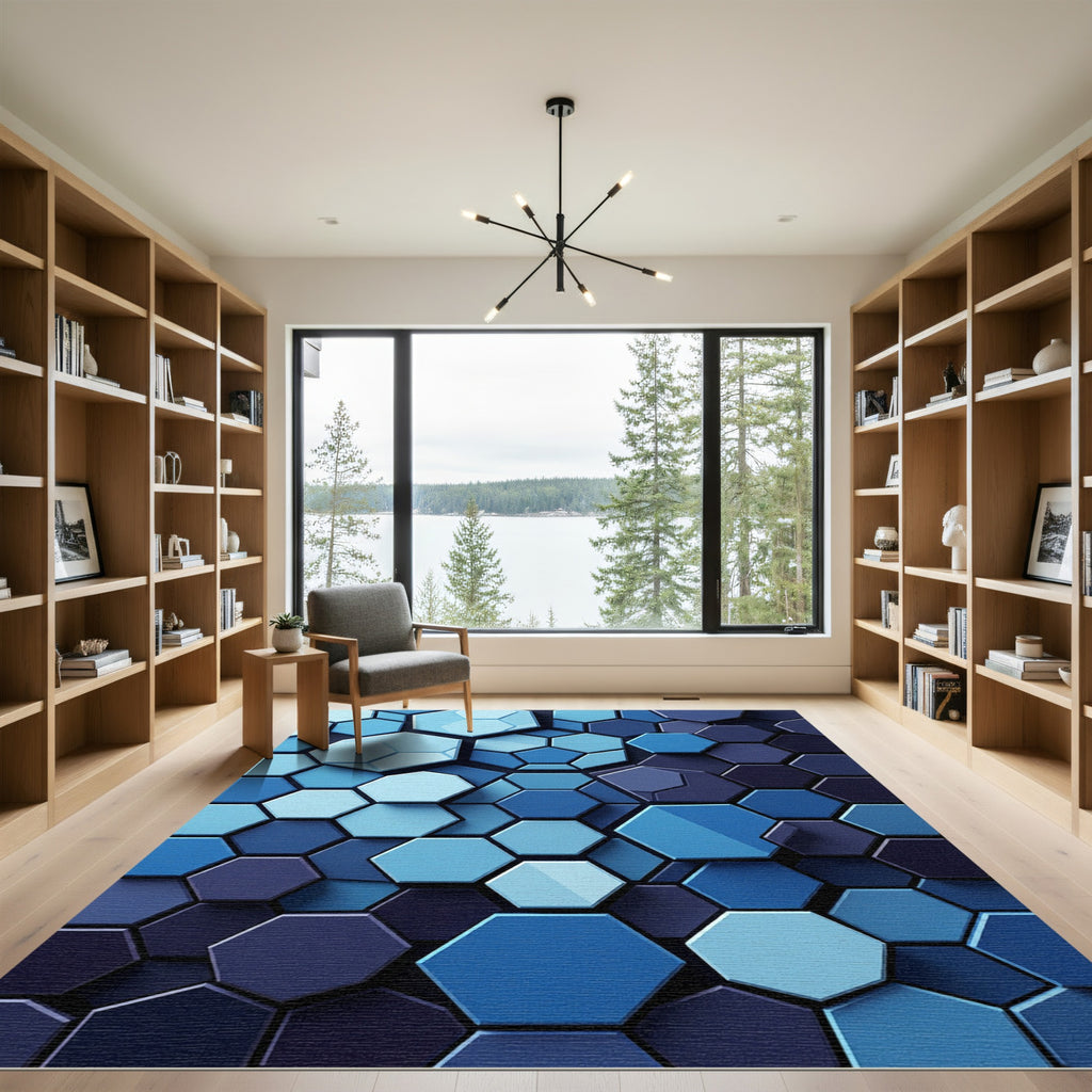 Modern Blue Geometric Hexagon Mosaic Rug