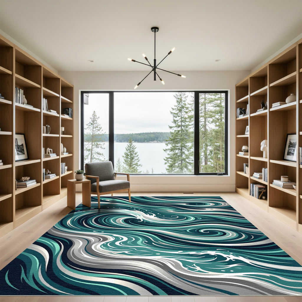 Swirling Teal and White Oceanic Waves Rug