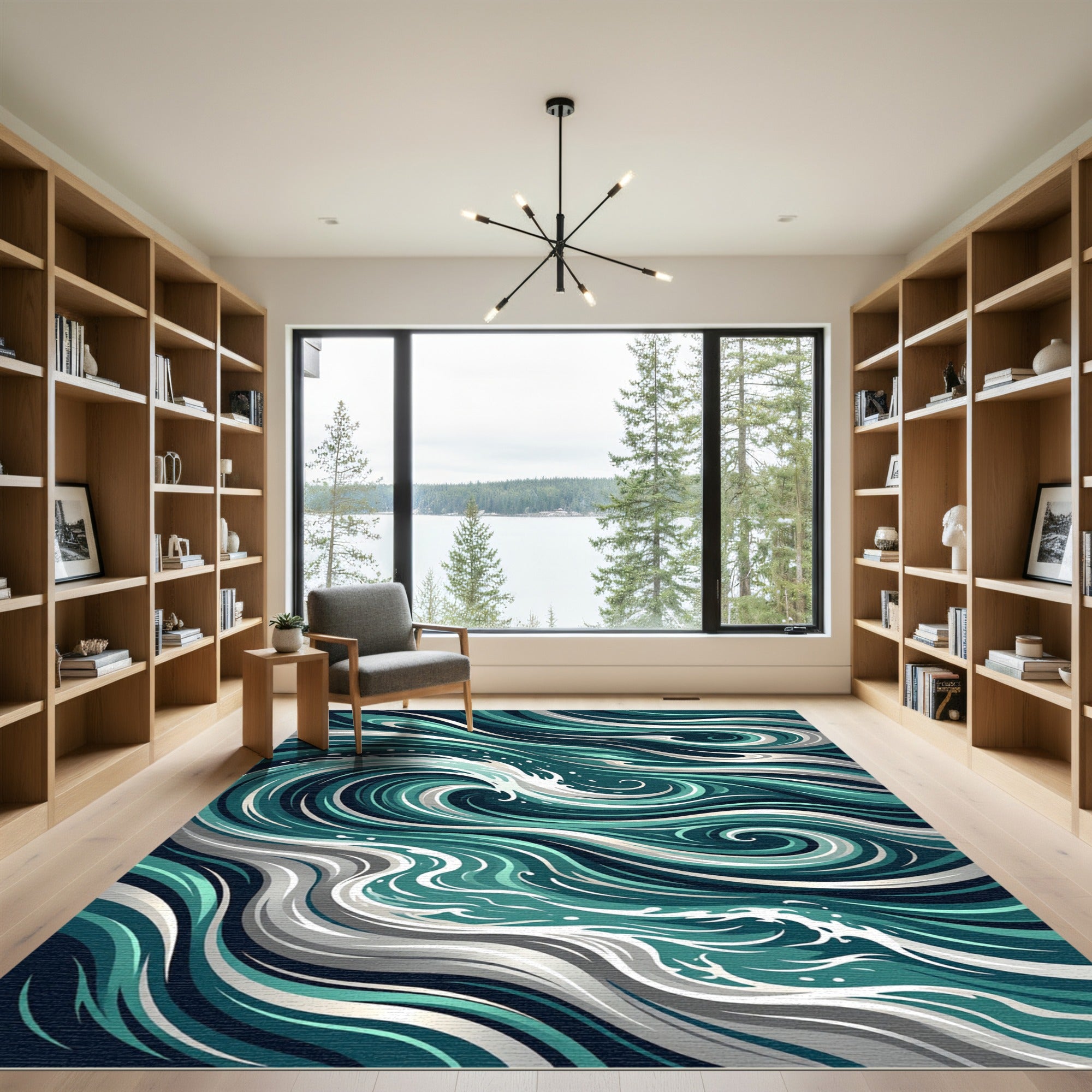 Swirling Teal and White Oceanic Waves Rug