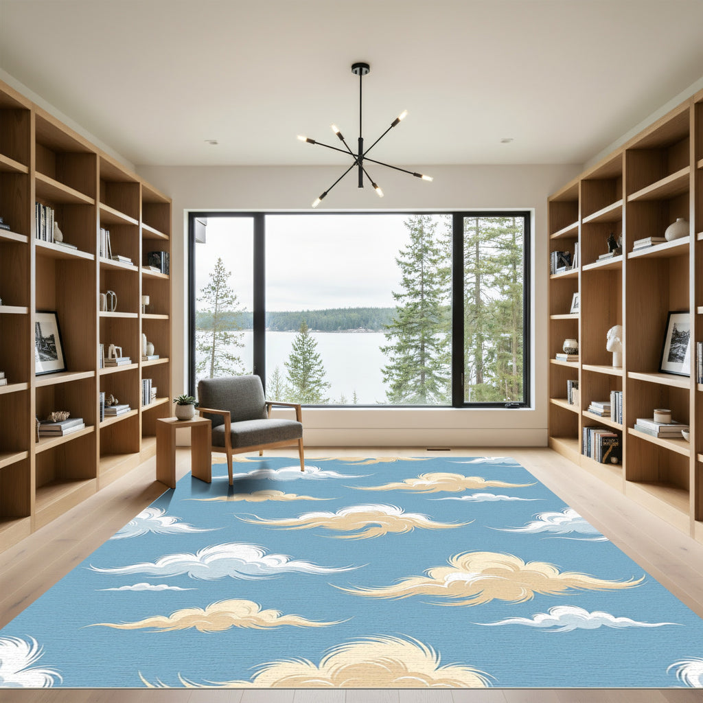 Whimsical Golden Clouds on Sky Blue Rug