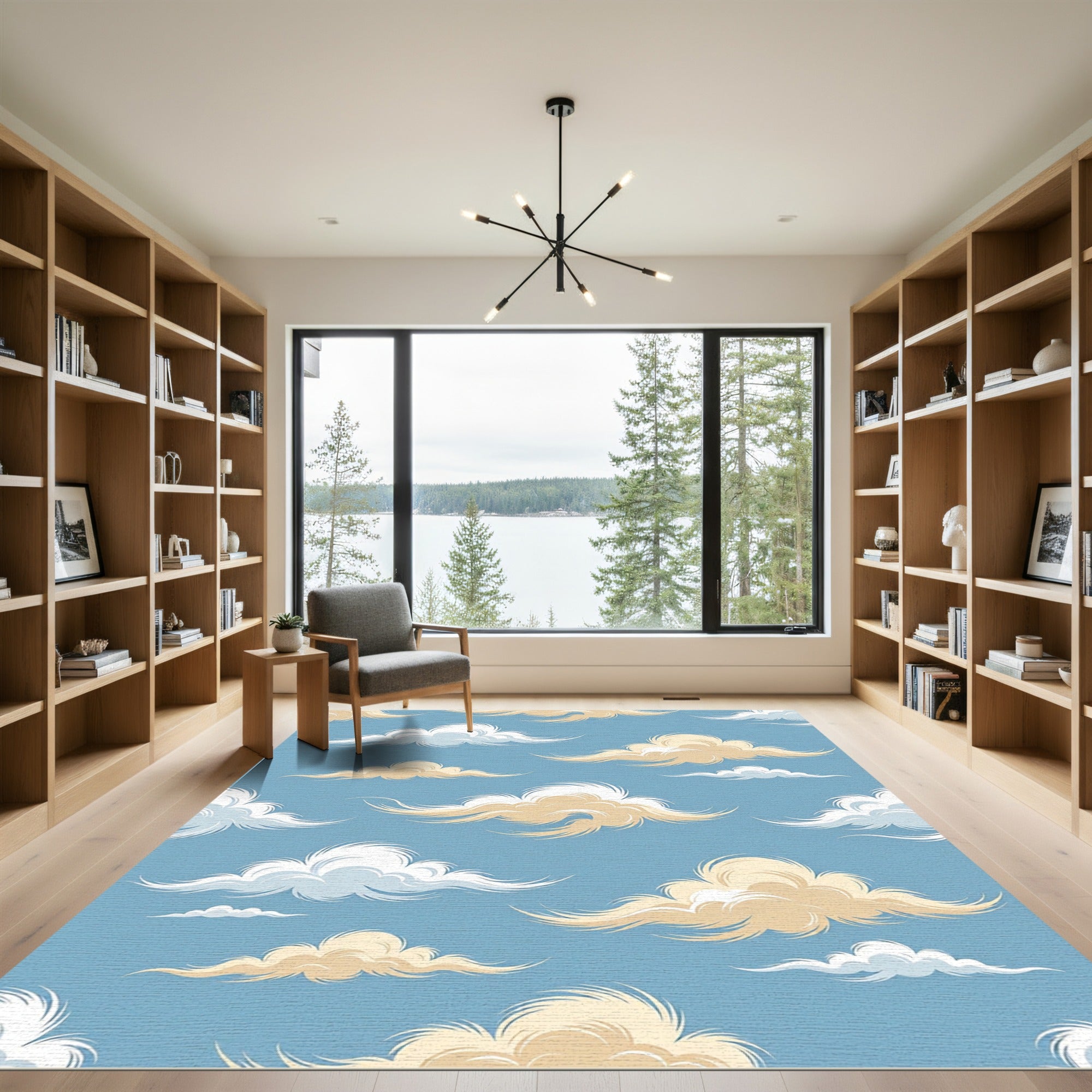 Whimsical Golden Clouds on Sky Blue Rug
