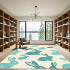 Soft Aqua Whimsical Rabbit Meadow Rug