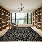 Elaborate Black Gold Floral Arabesque Rug