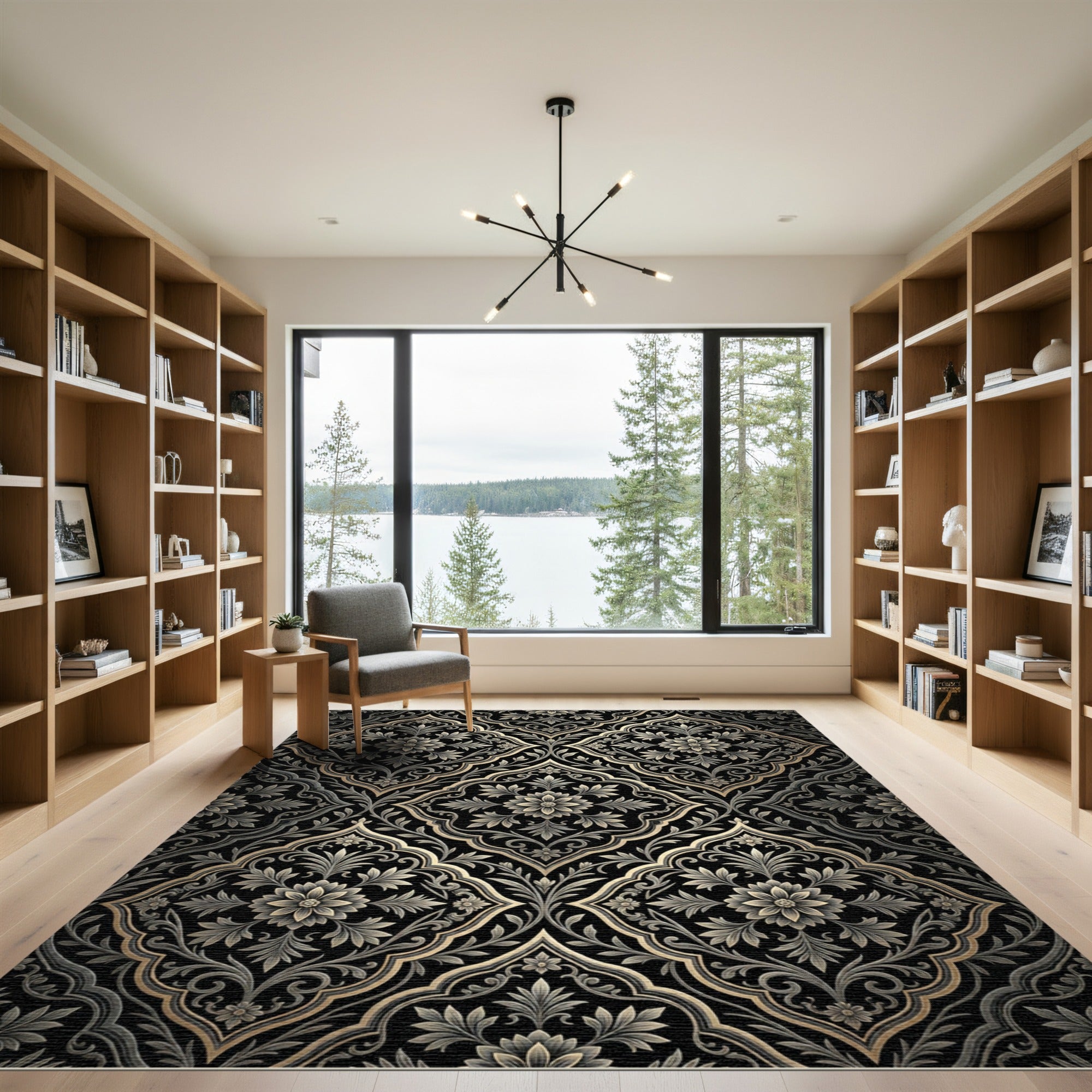 Elaborate Black Gold Floral Arabesque Rug