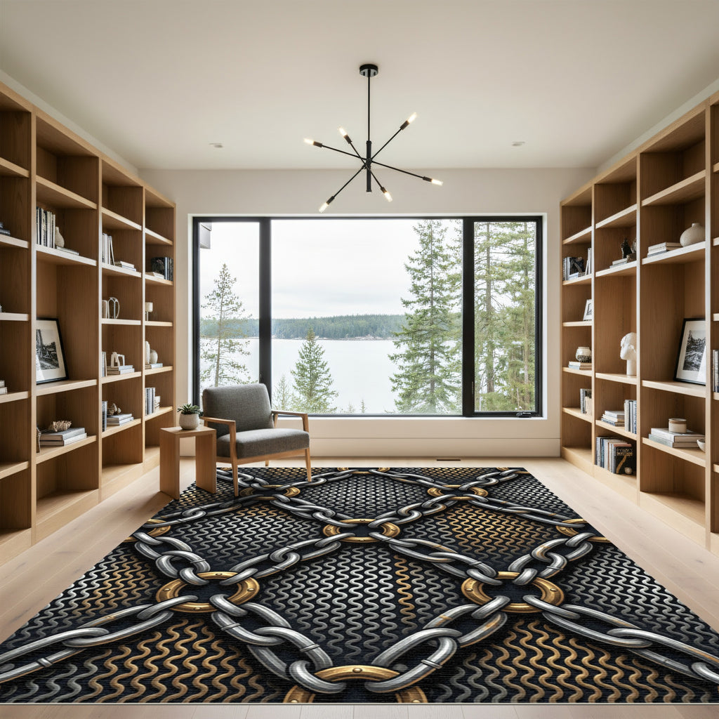 Metallic Chain Link Industrial Texture Rug